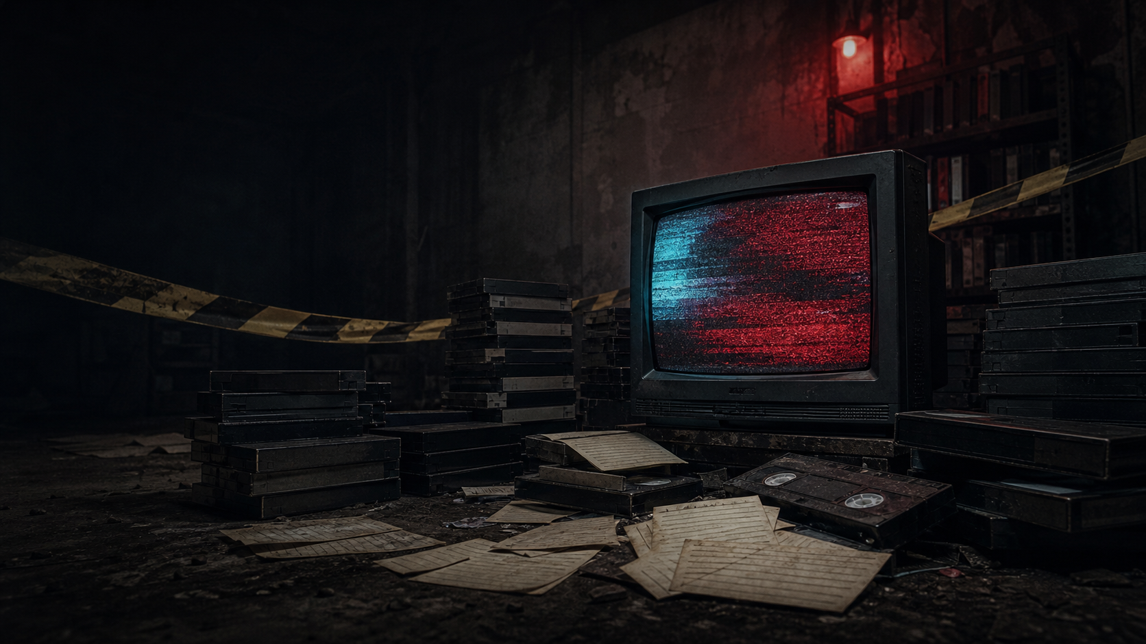 Стилизованный VHS-архив с кассетами и экранами